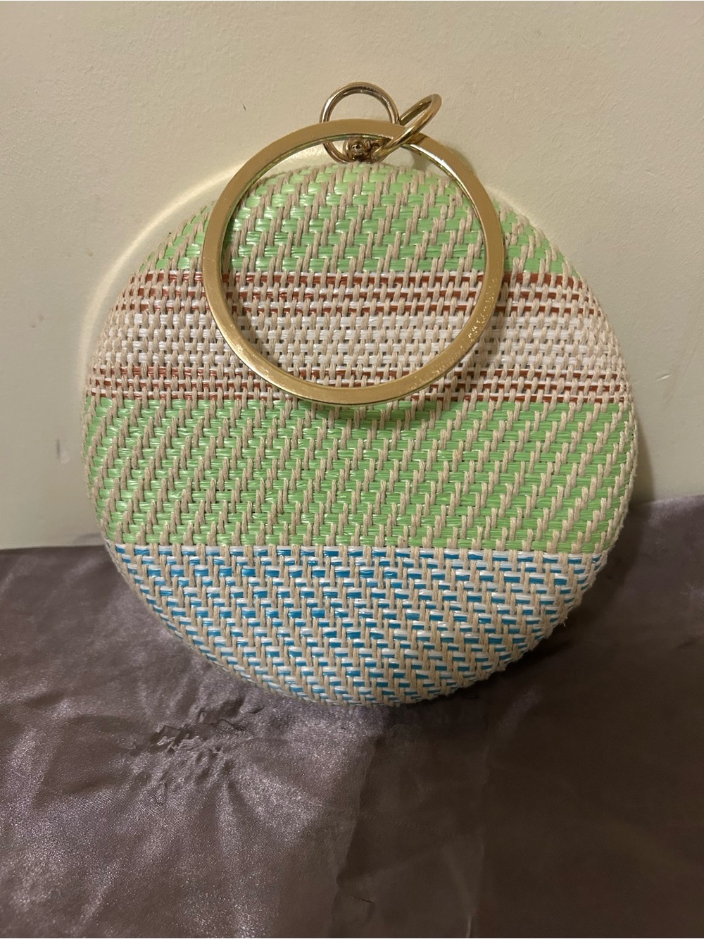 Round Woven Wristlet Clutch/ Crossbody in Green, Blue & Cream